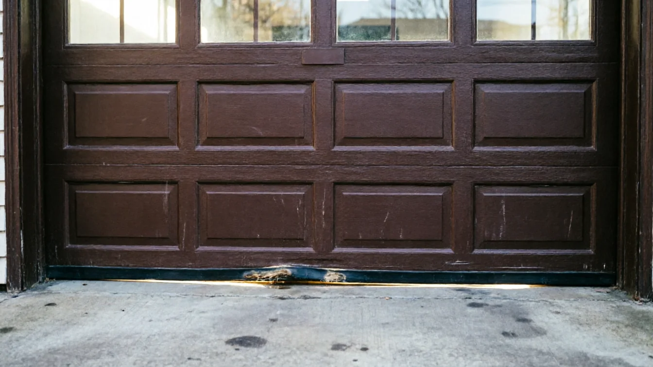 A brown garage door with windows has a damaged bottom seal.
