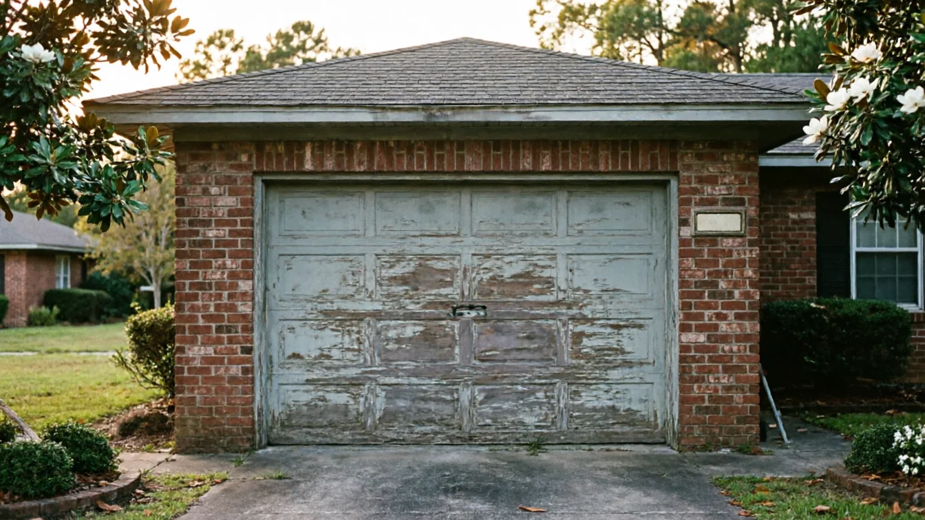 The garage door on a brick house has peeling paint and a visible handle.