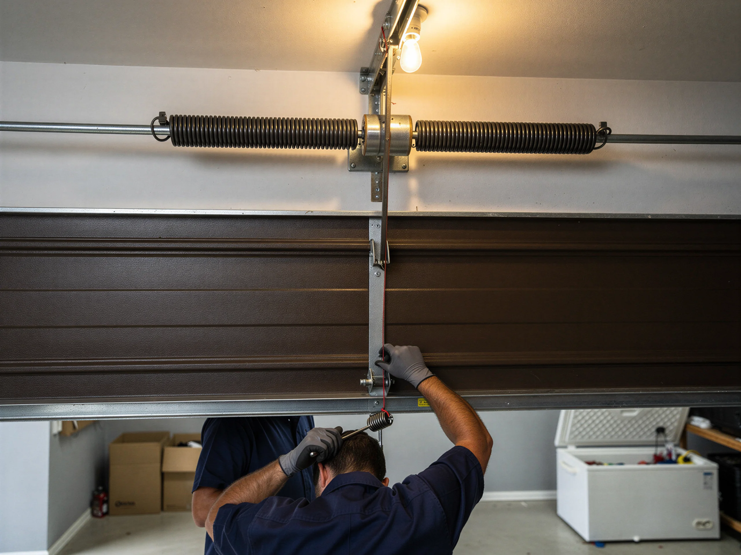 A technician in gray gloves works on a brown garage door with a torsion spring.