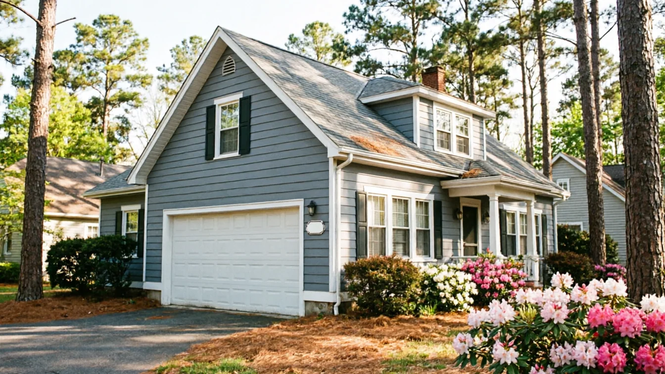 A gray house with a white garage door, surrounded by trees and flowering bushes.